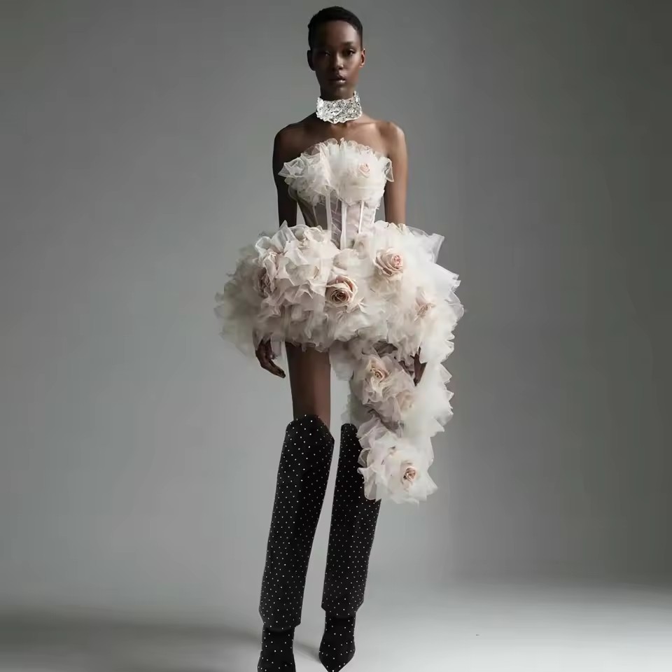 Women Formal Event Wear - Vestidos Cortos de Fiesta Florales Asimétricos