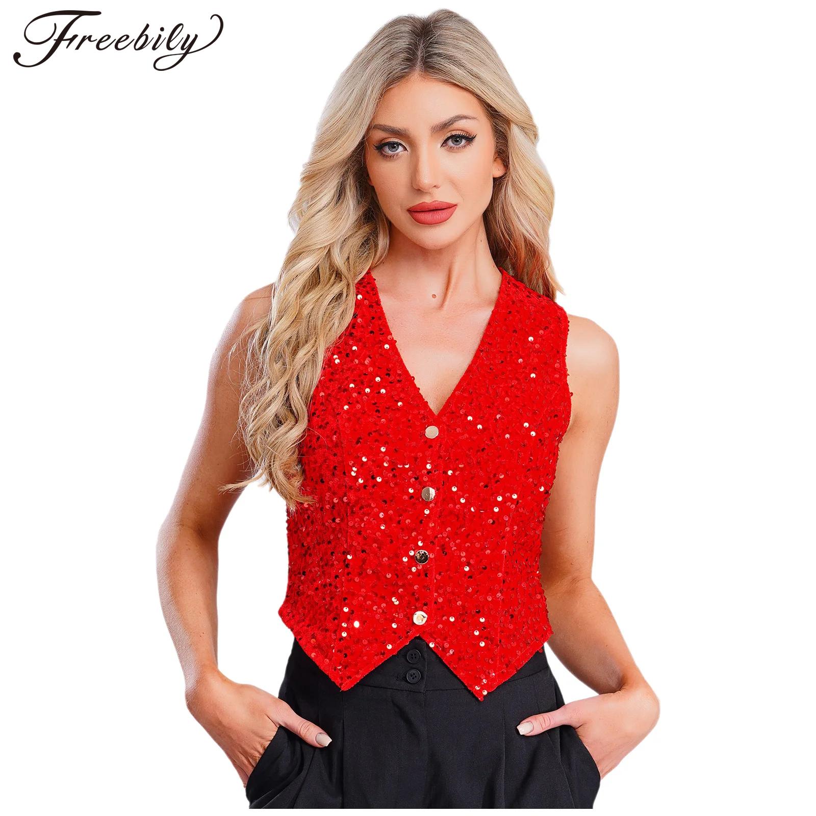Women Formal Wear Vest - Chaleco de lentejuelas brillantes para mujer,
