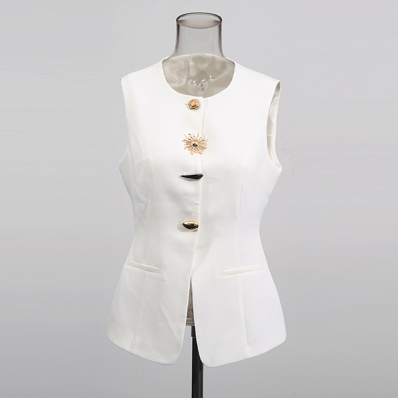 Women Formal Wear Vest - Chaleco blanco con cuello redondo, chaqueta