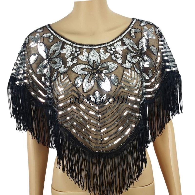 Women Formal Event Wear - Mantón lentejuelas a capas bordadas con