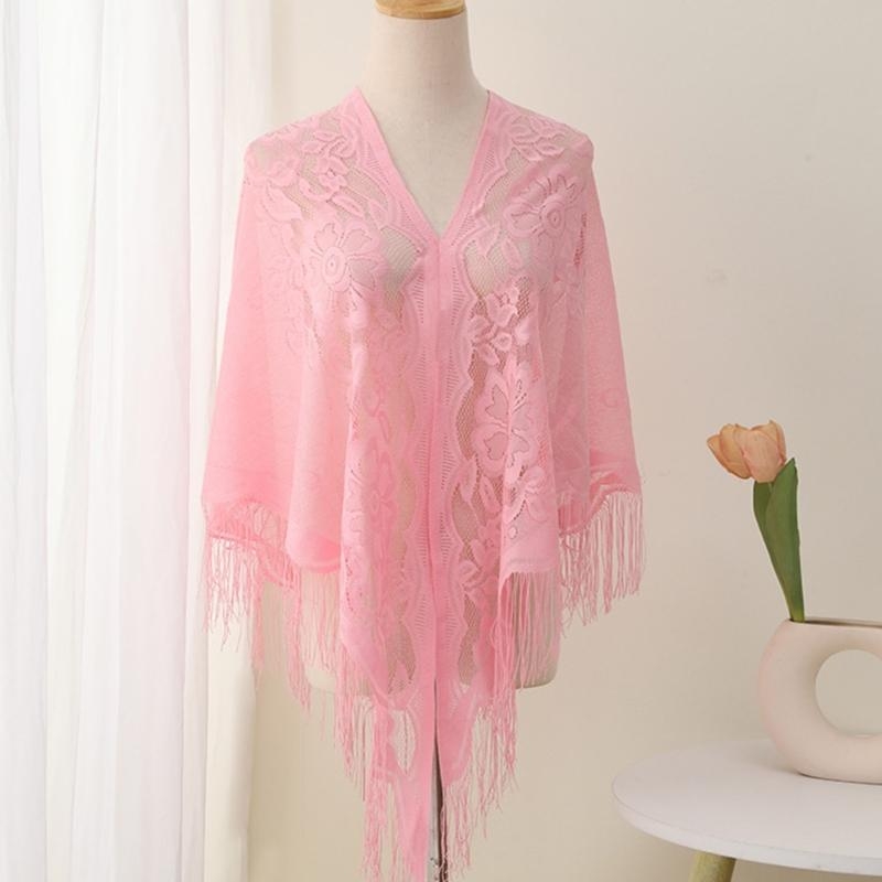 Women Formal Event Wear - Mantón con patrón calado con flecos